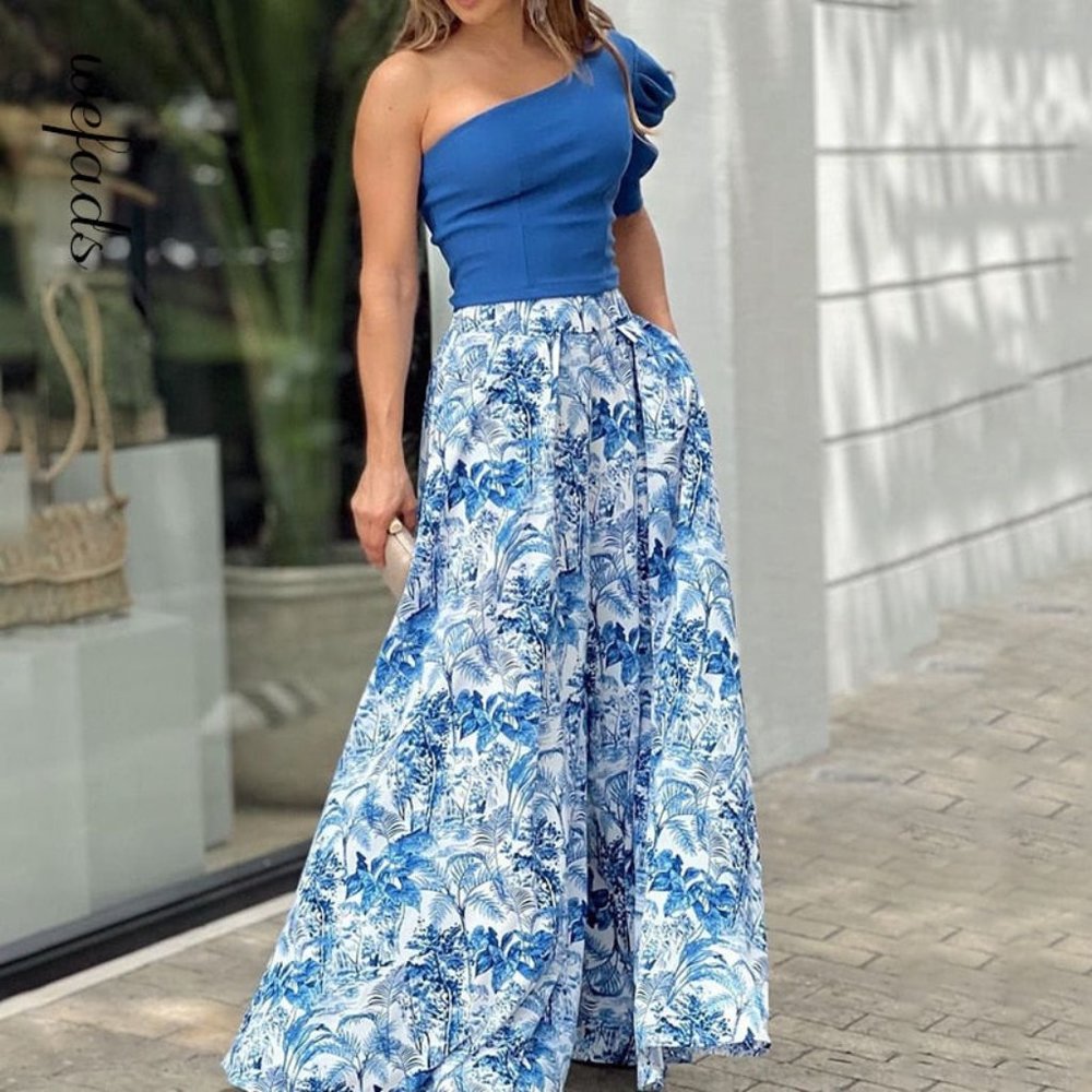 Blue Sexy One-Shoulder Sleeve Top and Printed Pant Set